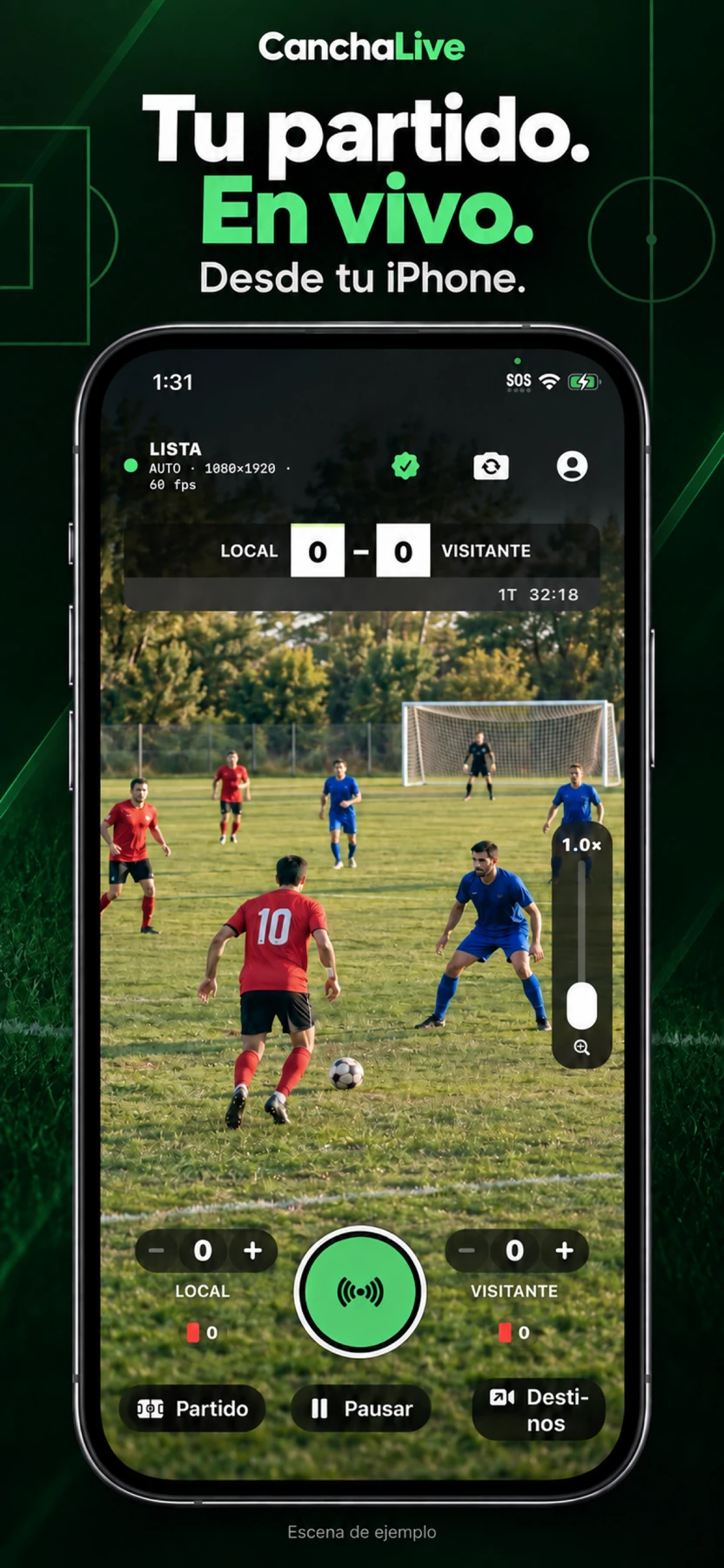 Imagen de App Store: CanchaLive en iPhone con marcador, cronómetro, zoom y controles de transmisión.