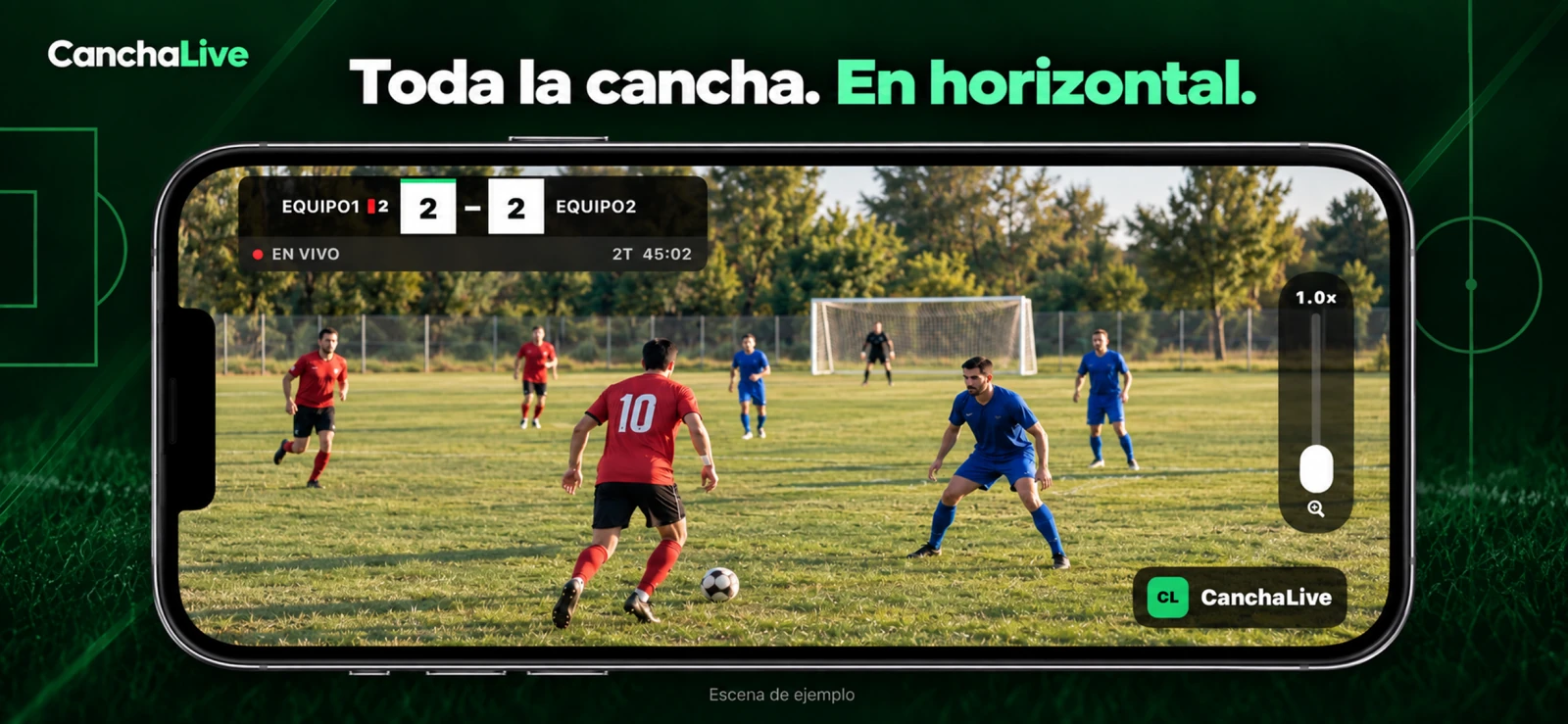 Interfaz de CanchaLive con marcador y controles de transmisión